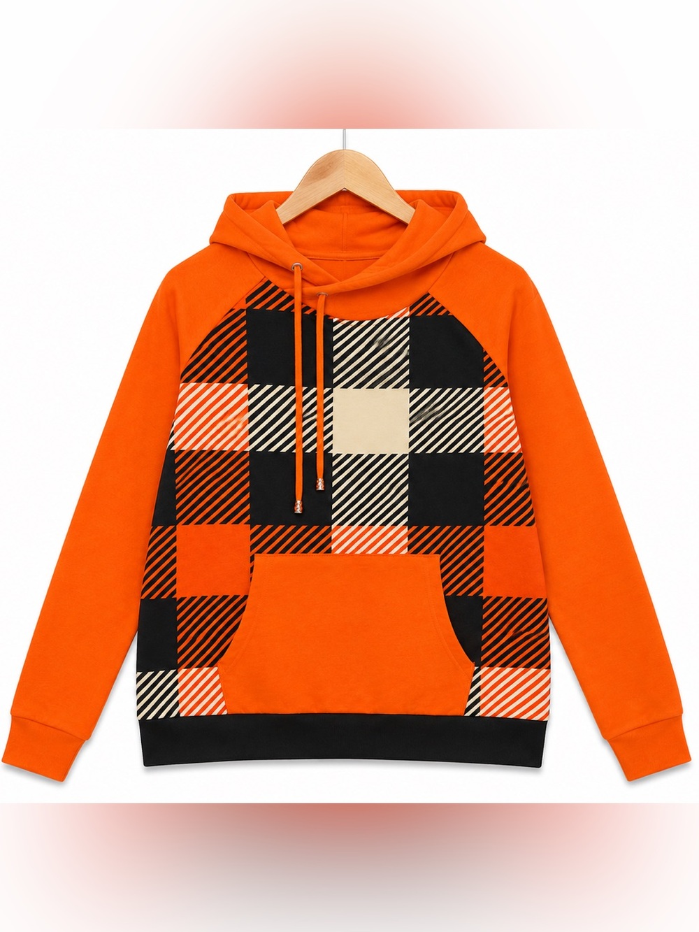 Orange Plaid Colorblock Hoodie – Women’s Casual Pullover Sweatshirt